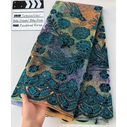 5 yards sparkling Korea lace multicolors Velvet African french tulle fabric Unique Nigeria Dubai celebration wear sewing clothes