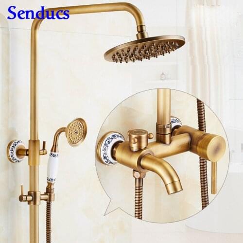 Senducs Bathroom Antique Shower System Quality Brass Bathroom Shower Faucet Ceramic Cover Rain Bathroom Antique Shower Set
