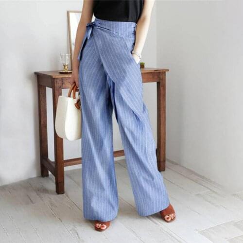 Women Casual Loose Pants Stripes Wide Leg Slacks Women High Waist Pockets Bandage Trousers Fashion Elegant Office Ladies Pants