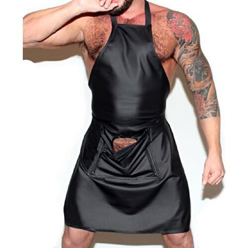 Black Faux Leather Mens Open Crotch Sex Porn Apron Panties Underwear Male Sexy Lingerie Night Clubwear Cosplay Erotic Costume