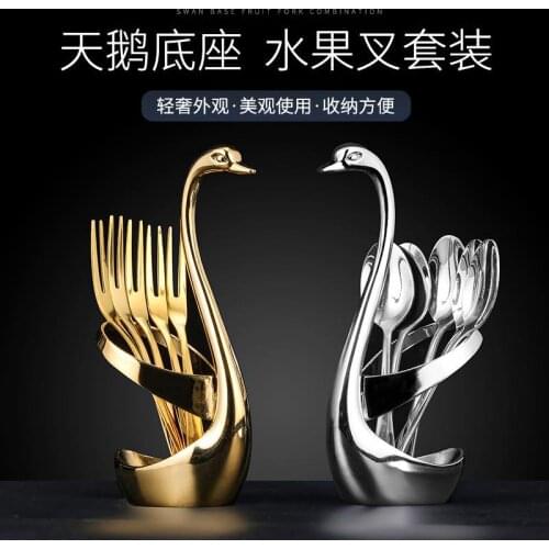 Swan Fruit Base Holder Forks Set Stainless Steel Salad Dessert Forks Coffee Spoon Cake Tableware Flatware Dropshipping