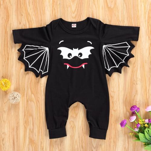 2020 New Hot Fashion Baby Halloween Romper Cartoon Bat Print Round Neck Long Sleeve Cotton Jumpsuit for Kids Black ropa bebe
