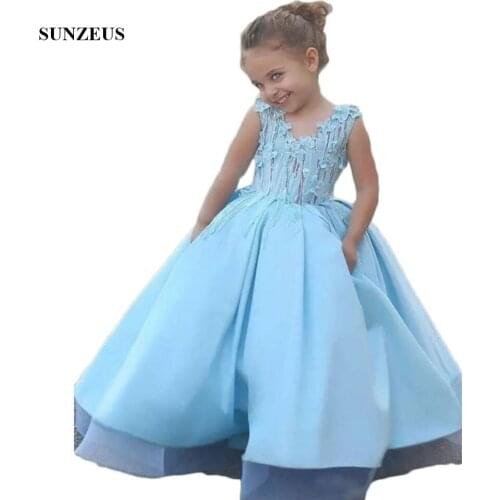 Baby Blue Satin Mother Daughter Dress Flower Girl Dresses for Weddings Cute Appliques Communion Dresses Dubai Arabic Kids S1519