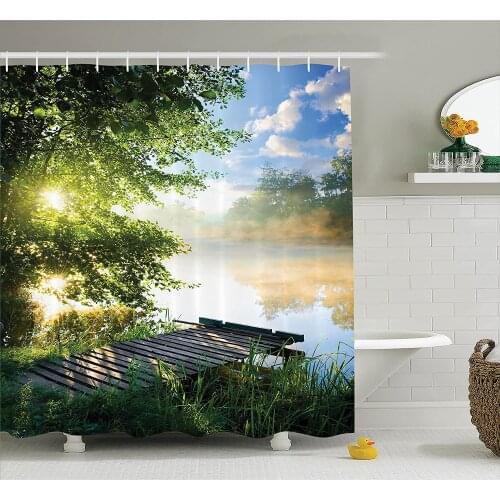 House Decor Shower Curtain Fishing Pier by River in The Morning Light with Clouds and Trees Nature Image DECOR Bathroom Set