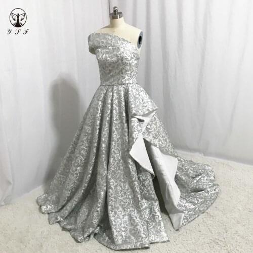 New Arrival Silver One Shoulder Short Sleeve Ruffled Side Slit Floor Length Bling Bling Prom Dresses