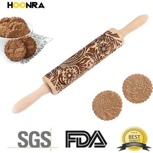 HOONRA 43cm Christmas Rolling Pin Engraved Carved Wood Embosse Christmas Rolling Pin Flowers Baking Dough Patterned Roller Deer