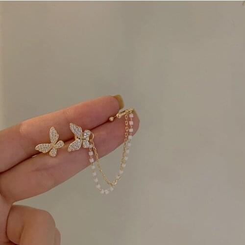 Korean Elegant Cute Rhinestone Butterfly Clip Earrings For Women Girls Fashion Metal Chain Boucle D'oreille Jewelry