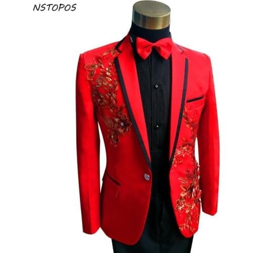 Tuxedo Jacket + Pants Beading Suit Men Stage Wearmens Wedding Tuxedo Plus Size 4XL Red Prom Suit Mens Sequin Men Blazer Suit