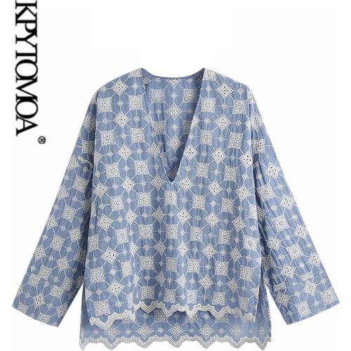 KPYTOMOA Women 2021 Fashion Embroidery Asymmetry Loose Blouses Vintage Drop-Shoulder Sleeves Side Vents Female Shirts Chic Tops