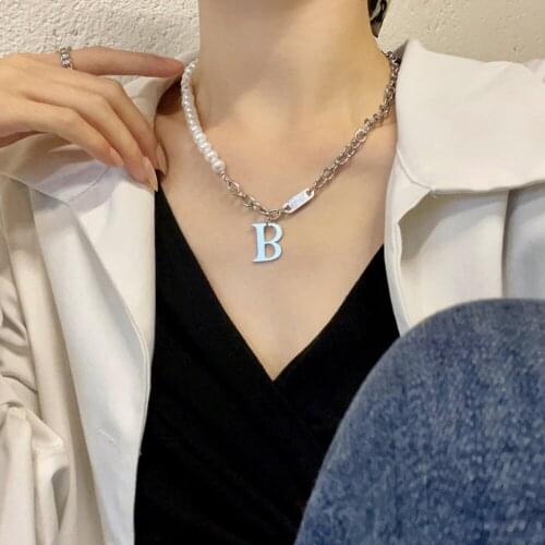 Fashion Hip Hop Women Necklaces Letter B Patchwork Pearl Charm Pendant Clavicle Chain Jewelry