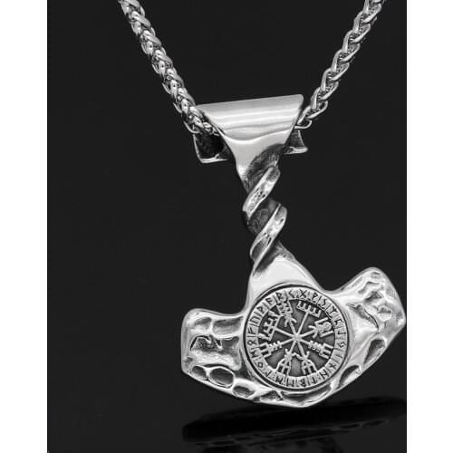 Men Nordic Viking thor hammer vegvisir Mjolnir pendant necklace Stainless steel With Valknut Rune Gift Bag