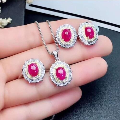 Real Natural Ruby jewelry set Natural Real Ruby 925 sterling silver 1pc pendant,1pc ring,2pcs Earring