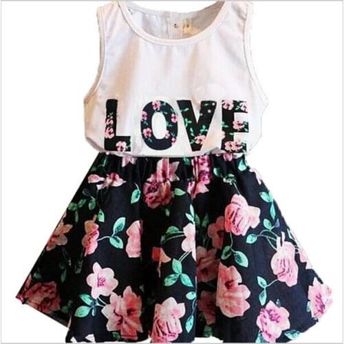 New Summer Children Girl Clothing Flower Floral Print 2pcs Set Sleeveless Vest+Skirt Fashion Kids Costumes Casual Suits