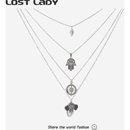 Lost Lady Bohemian Multi Layer Long Necklace for Women Vintage Elephant Pendant Choker Necklace Collars Statement Jewelry