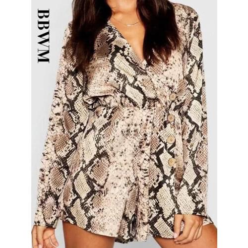 Holiday womens 2019 spring new slim slimming wild snake print long-sleeved V-neck jumpsuit wide leg female elegant