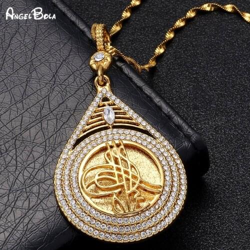 Turkish Fashion Gold Coin Unisex Crystal Pendant Necklace Muslim Arab Luxury Jewelry Exquisite Womens Pendant Necklace Gift