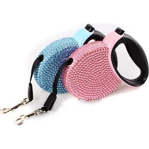 Pet Retractable Leash Blue & Pink Rhinestone Bling Crystal Dog Puppy Pet Lead Leash 3M Flat Line