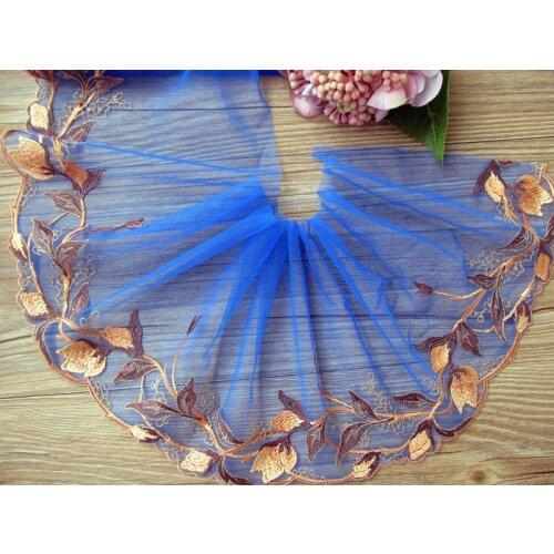 2Yards 17cm Width Embroidered Fabric Blue Mesh Dress Curtain Decoration Lace Trim Tulle Sewing Applique Flower Fabric DIY Craft