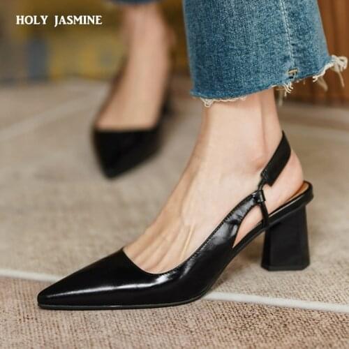 2021 Summer Women Square heel Shoes Slingbacks Ankle Strap Pointed Toe Sexy Ladies High Heel Shoes Leather Pumps 6.5cm Height