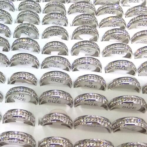 50pcs Silver Color Stainless Steel Rings 6mm Width Clear Rhinestone Surrounding Mixed Size