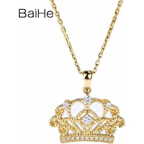 BAIHE Solid 14K Yellow Gold H/SI Natural Diamonds Trendy Engagement Wedding Gift Fine Jewelry Making Vintage Crown Pendant Women