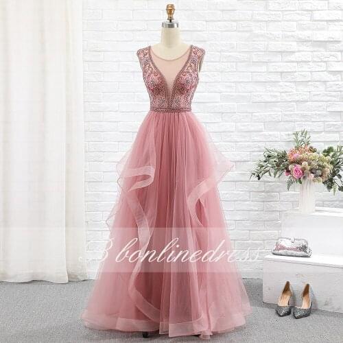 Bbonlinedress Prom Dress 2020 Tulle A-Line O Neck Transparent Crystal Hand Beaded Luxurious Evening Dresses Formal Party Gown