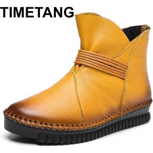 TIMETANG Female Martin Boots Genuine Leather Winter Shoes Women Vintage Mom Shoes Plush Handmade Ankle Snow Boots 42 43