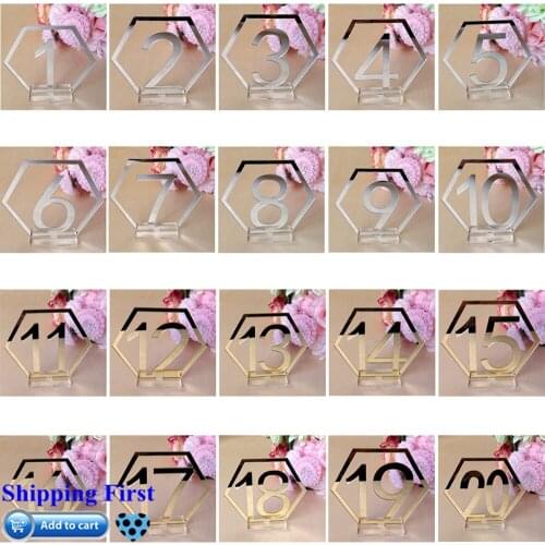 Number 1-20 Acrylic 20Pcs/set Hexagonal Gold/Silver Banquet Dinner Table Number Plate Cards WeddingDigital Seat Party Supplies