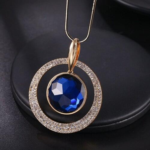 High Quality Fashion Metal Gold Round Rhinestone Crystal Long Chain Necklace Sweater Patry Necklace Jewelry