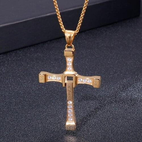 Jewels Store Gold Polished Stainless Steel Zircon Cross Pendant Mens Charm Necklace Party Gift Accessory For Man JS40312-K