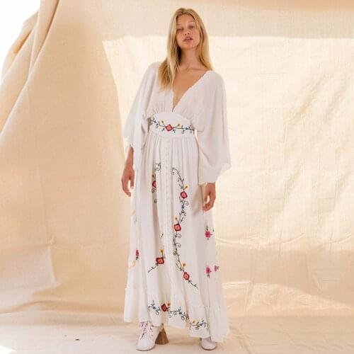 Jastie Floral V-Neck Embroidered Maxi Dress Button Front Boho Beach Dresses Batwing Sleeve Casual Women Dress Female Vestidos
