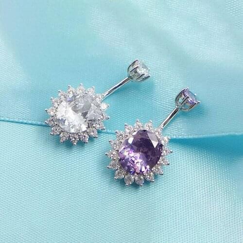 925 Sterling Silver White Purple Zircon Sun Flower Sunflower Belly Piercing Button Men Women Rings Navel Body Jewelry 1.5 MM