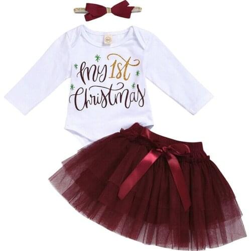Newborn Baby Girl Christmas Clothes Set Long Sleeve Romper Princess Dress Mesh Skirt with Headband Outfits Clothing 3-18Months