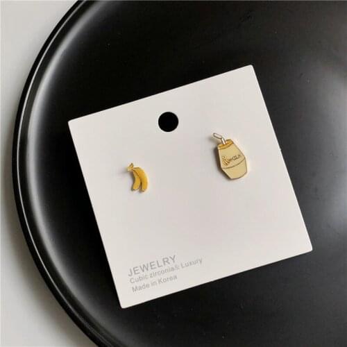 Korean Cute Yellow Banana Milk Asymmetrical Stud Earrings Simple Fruit Drink Earrings for Women Girls Kid Ear Jewelry Gift Trend