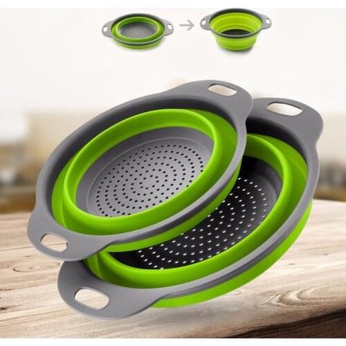 Kitchen Silicone Foldable Colander Fruit Vegetable Washing Drain Basket Strainer Collapsible Drainer Handle Storage Colander