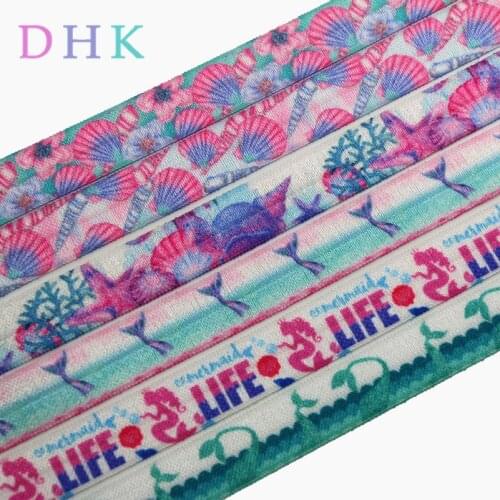 DHK 5/8'' 50yards sea mermaid shell fish printed Fold Elastic FOE stretch ribbon hairbow headwear headband DIY Wholesale S891