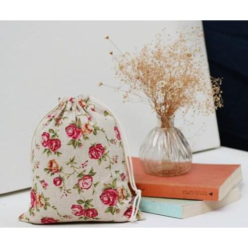 Rose Pattern Linen Gift Packaging Pouch 8x10cm 9x12cm 10x15cm 13x17cm Birthday Party Wedding Candy Drawstring Bag