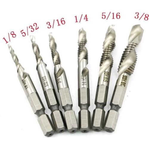 6Pcs 1/8-3/8" Metric Inch Multifunctional Screw Tap Set HSS Hex Shank Machine Tapping Tools Drilling Machine Accessories