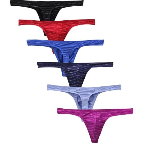 6 Piece Briefs Sexy Solid Stripes Underwear Mens Personality Thong Low Waist Fashion Underpants Front Convex Soft Panties A50