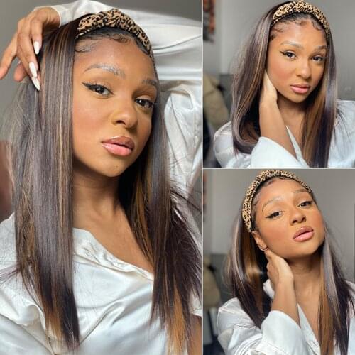 GEMMA Headband Wigs for Black Women Long Straight Brown Highlights Synthetic Wig Natural Daily Party Silky Heat Resistant Hair