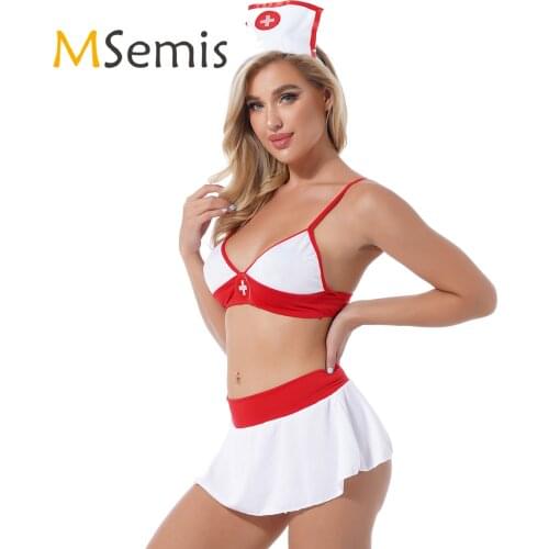 Sexy Womens Babydoll Nurse Sexy Cosplay Costume Lingerie Roleplay Outfit Unlined Bra with Mini Skirt Hair Hoop G-string Briefs