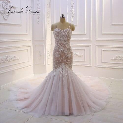 Amanda Design Spaghetti Straps Lace Applique Beading Mermaid Wedding Dress