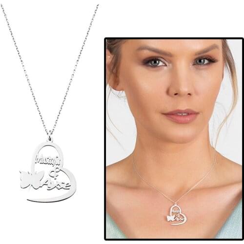 Tesbihane Personalized Name/Date Written 925 Sterling Silver Butterfly-Heart Necklace