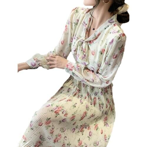 2021 Retro Floral Long-sleeved Dress Spring Autumn Elegant French Waist Thin Pleated Dress 88B