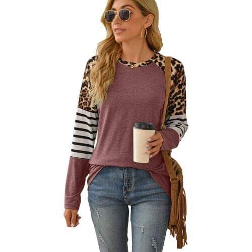 Spring Top Women Long Sleeve T Shirt 2021 Striped Tops Tee Female Leopard stitching Tees Fashion Loose Top Lady T-shirt 2XL