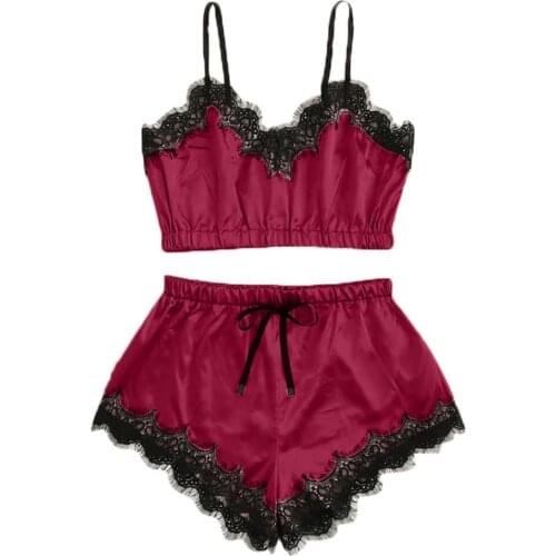 Ladies Sexy Lace Lace Satin Solid Color Stitching V-neck Porno Lingerie Homewear 2 Piece Set Babydoll Erotic Underwear