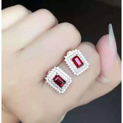 Natural red garnet stone earrings 925 silver Natural gemstone earring women Square personality fashion Earrings for engagement