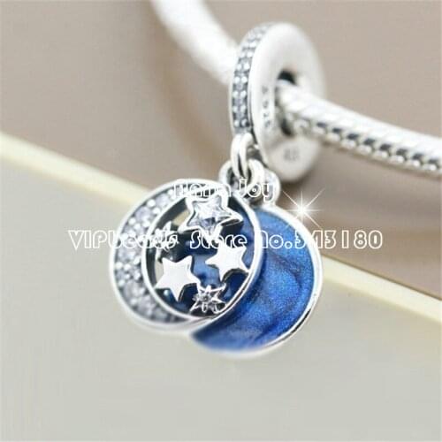 925 Sterling Silver Vintage Night Sky Pendant With Blue Enamel & Clear CZ Charm Bead Fit European Woman Jewelry Bracelets DA190