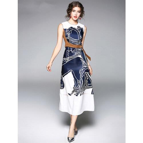 Brand Designer Summer Dress Womens Sleeveless Printing Long Dress Vintage Runway Vestidos Belt Tie High Waist Slim Maxi Dress