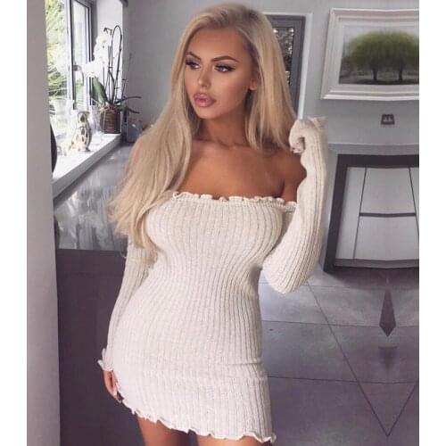 Women Off The Shoulder Mini Pencil Dress Long Sleeve Solid color Sexy Bodycon Knit Slim Maxi Sweater Dress Going Out Outfits